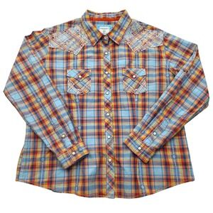 Panhandle Rough Stock Aztec Embroidered Plaid Western Snap Front Shirt Womens XL